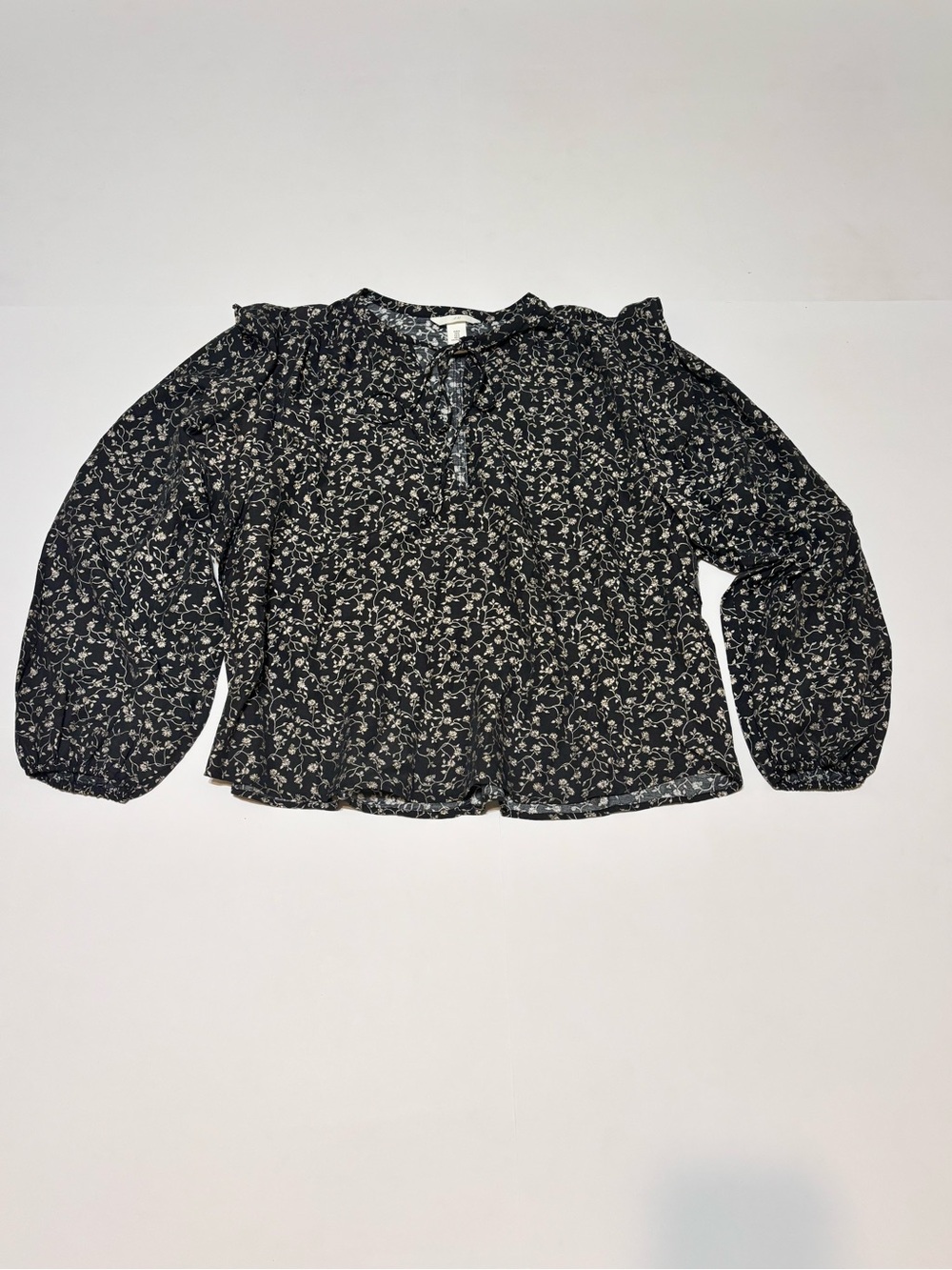 H&M Black Floral Ruffle-Neck Tie Blouse